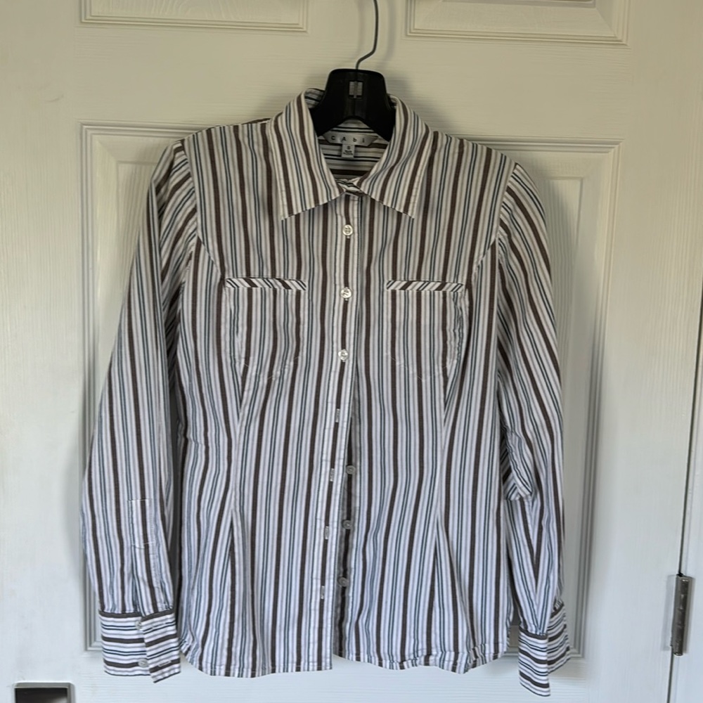 CAbi Style #810, Small, Crisp Button Down Fitted Striped Blue/Brown/White Blouse